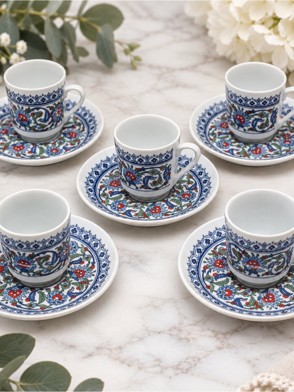 Vintage 5 Demitasse Espresso Cup & Saucer Set Blue Floral Porcelain Gural